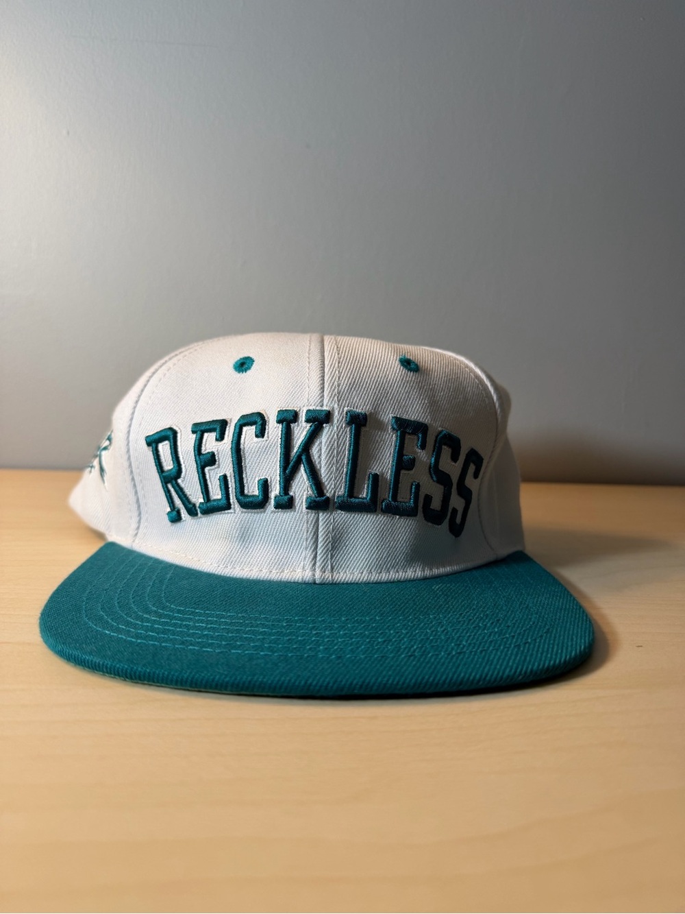Reckless Embroidered Snapback Hat - White & Teal